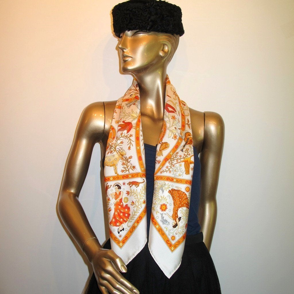 Hermes 2009 White/Orange Peuple du Vent Twill 90cm, New! - poupishop