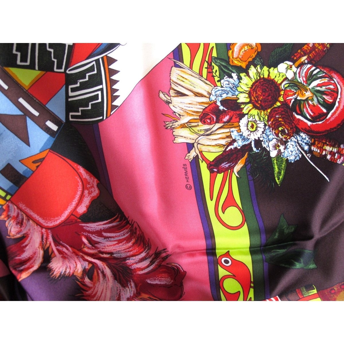 Hermes 2010 Black Kachinas Summer Silk with Blanc Matte Overlay Shawl 140, New! - poupishop