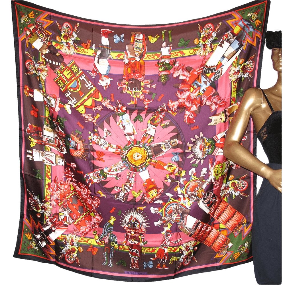 Hermes 2010 Black Kachinas Summer Silk with Blanc Matte Overlay Shawl 140, New! - poupishop