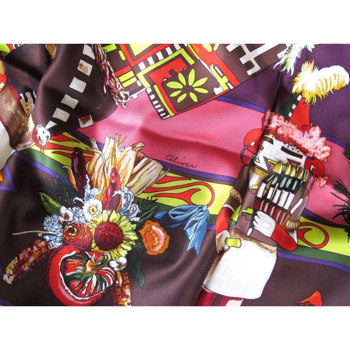 Hermes 2010 Black Kachinas Summer Silk with Blanc Matte Overlay Shawl 140, New! - poupishop