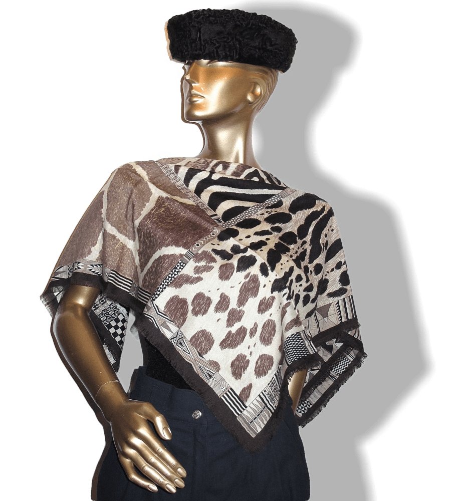 Hermes 2010 Black Pelages et Camouflages Fringed Cashmere 90cm, New! - poupishop