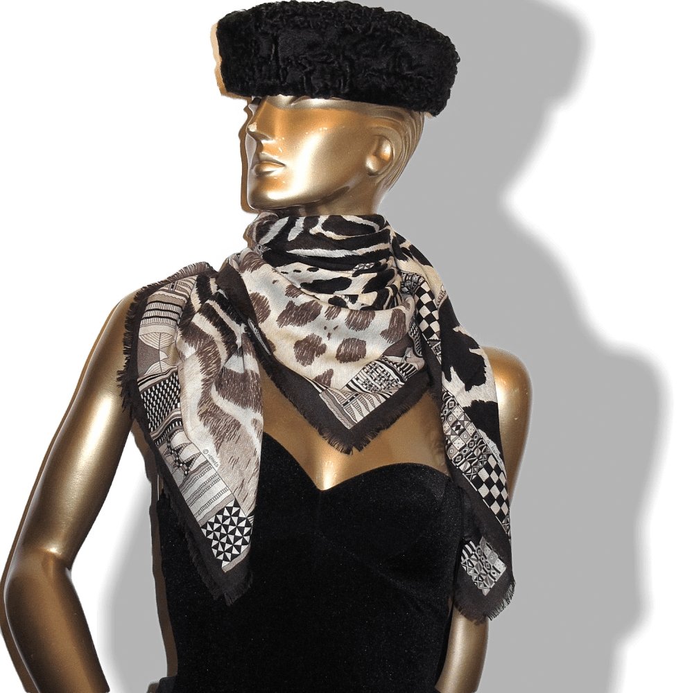 Hermes 2010 Black Pelages et Camouflages Fringed Cashmere 90cm, New! - poupishop