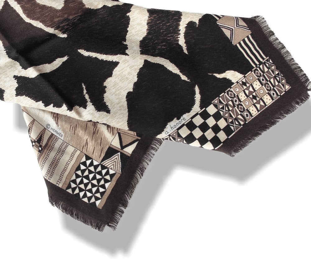 Hermes 2010 Black Pelages et Camouflages Fringed Cashmere 90cm, New! - poupishop