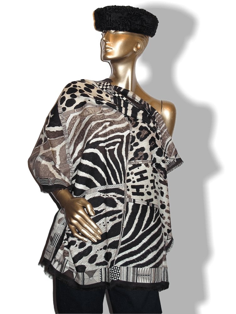 Hermes 2010 Black Pelages et Camouflages Fringed Cashmere 90cm, New! - poupishop