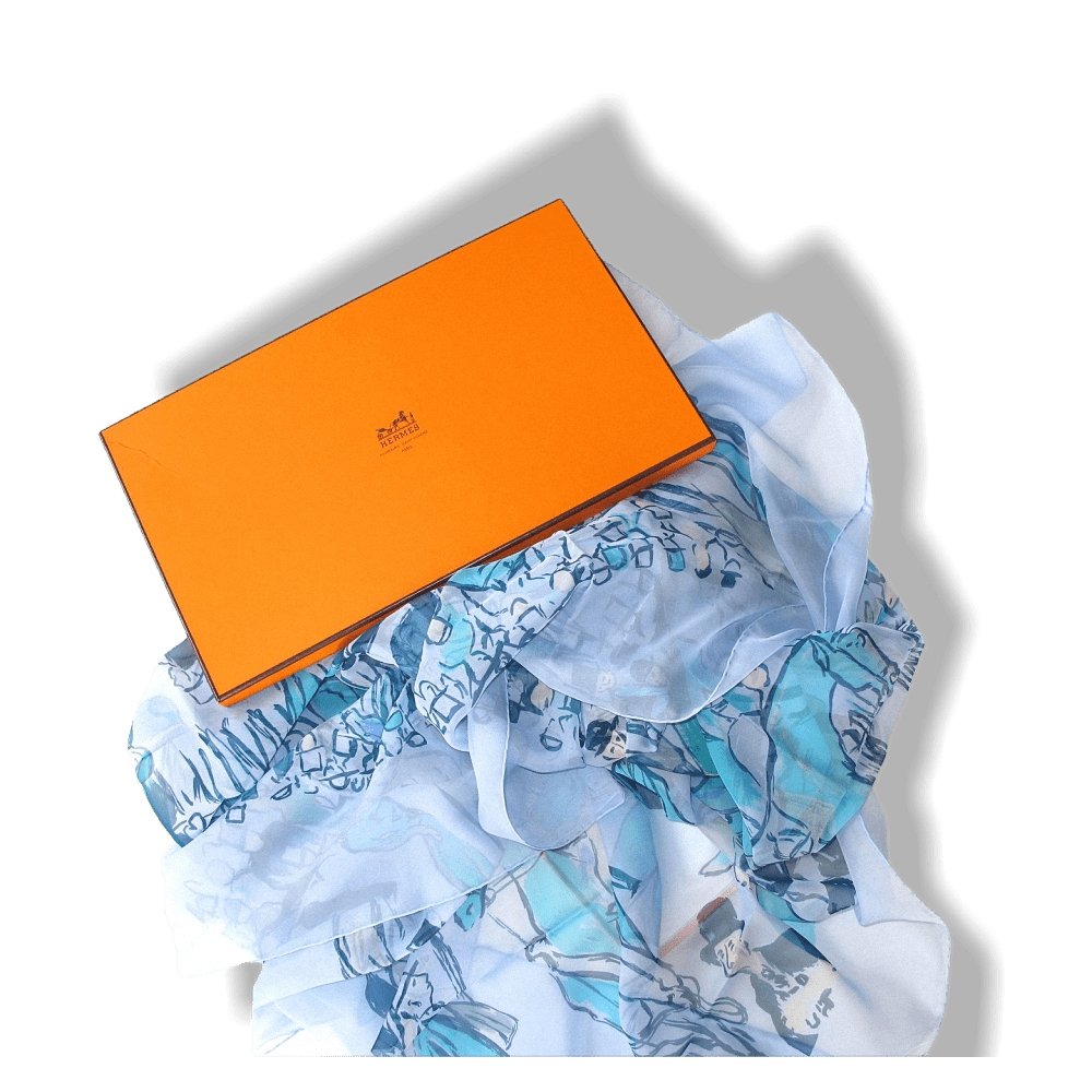 Hermes 2010 Blue Turquoise Paddock by J. L. Clerc Mousseline Shawl 140, NIB! - poupishop