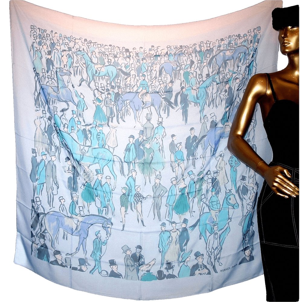 Hermes 2010 Blue Turquoise Paddock by J. L. Clerc Mousseline Shawl 140, NIB! - poupishop