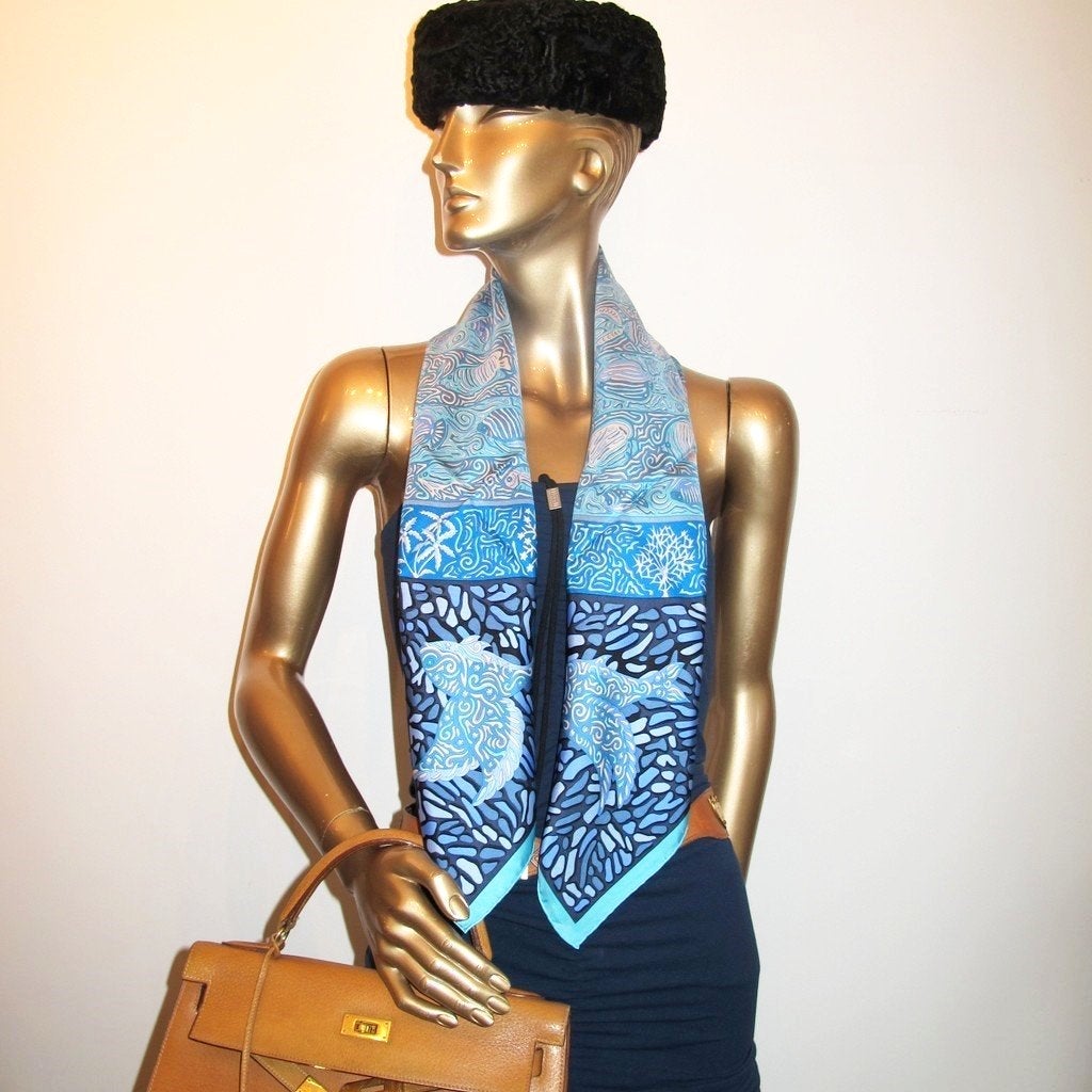 Hermes 2010 Blue/Turquoise La Legende du Poisson Corail Twill 90cm, New! - poupishop