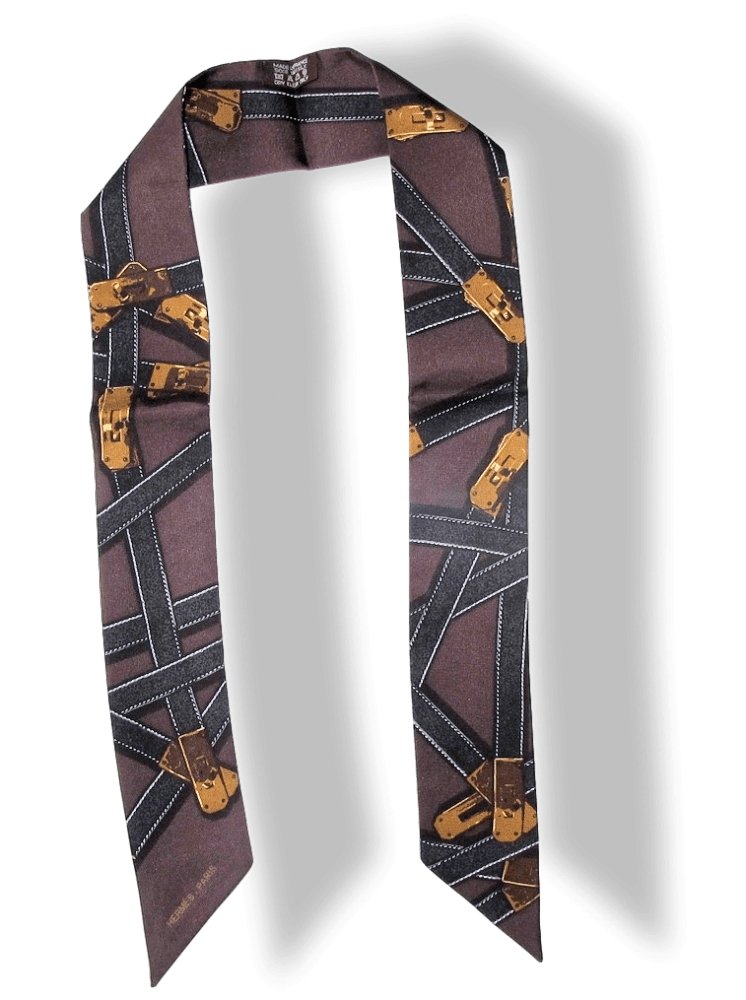 Hermes 2010 Brown Black Tres Kelly by Benoit Pierre Emery Twill Silk Twilly, New! - poupishop