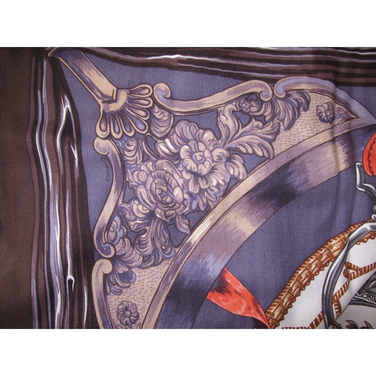 Hermes 2010 Brown Corail Purple Etriers by Francoise de la Perriere Cashmere Shawl 140, Mint! - poupishop