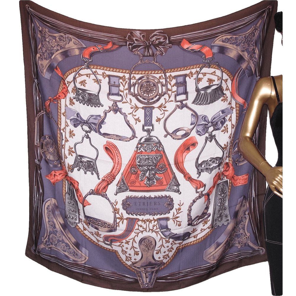Hermes 2010 Brown Corail Purple Etriers by Francoise de la Perriere Cashmere Shawl 140, Mint! - poupishop