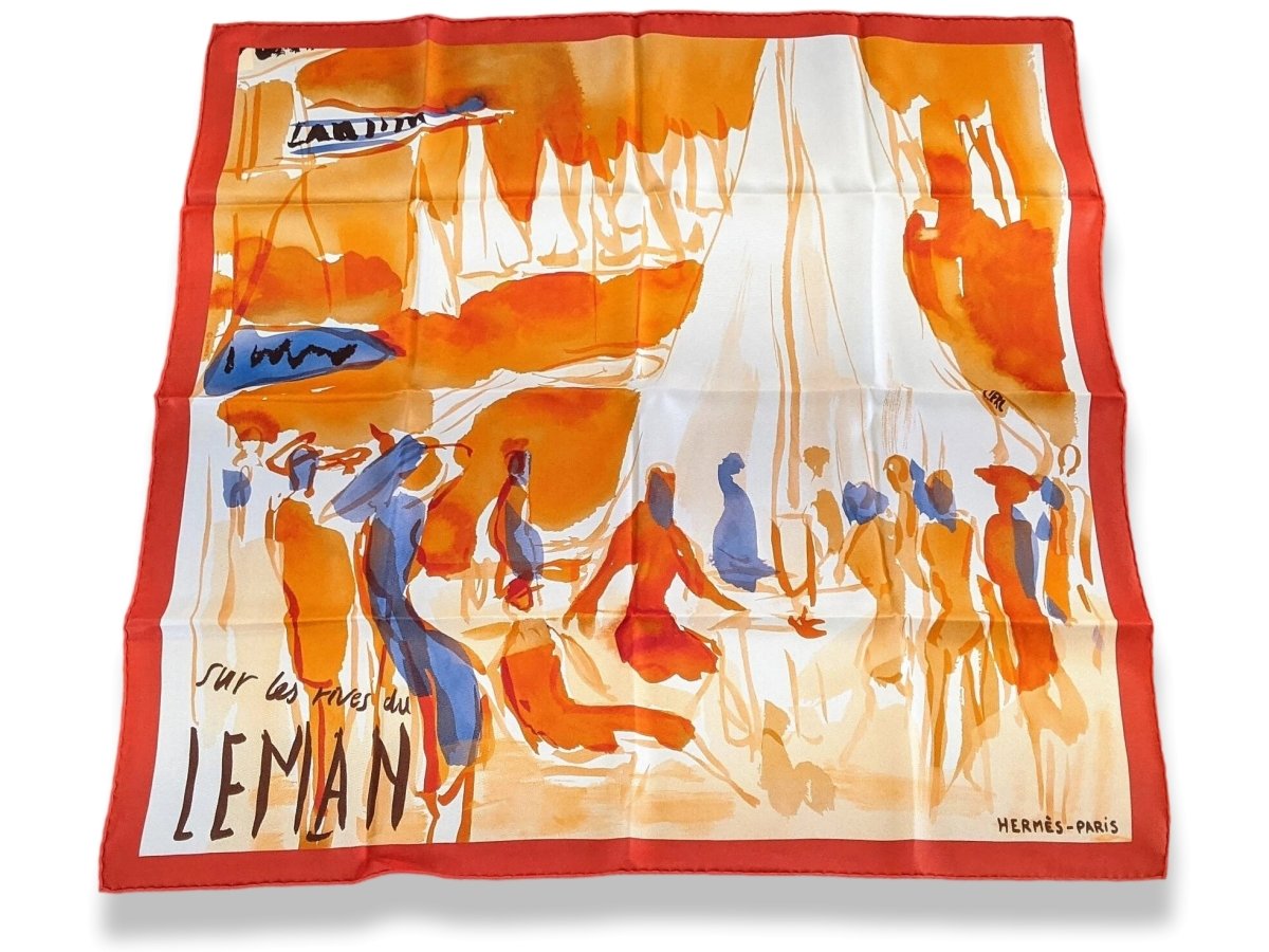 Hermes 2010 cw04 Orange/Bleu Jeans/Ivoire SUR LES RIVES DU LAC LEMAN by Jean-Louis Clerc Vintage Silk 70cm Carre, BNWTIB! - poupishop