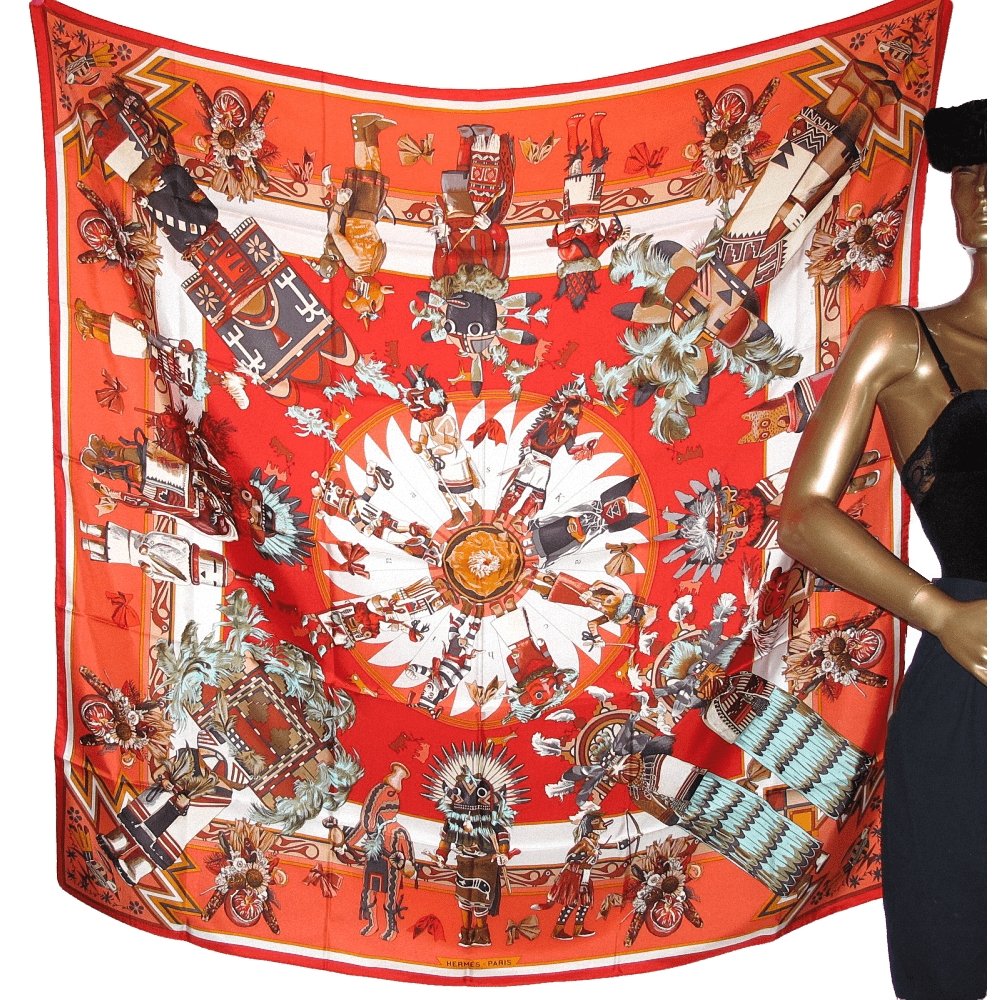 Hermes 2010 cw06 Rouge, Corail Kachinas Summer Silk Shawl 140, New! - poupishop