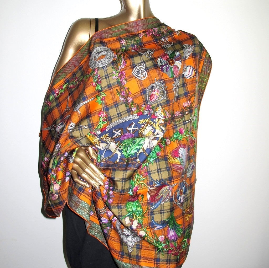 Hermes 2010 Green Orange Tartan Fleurs d'Ecosse Twill 90cm - poupishop
