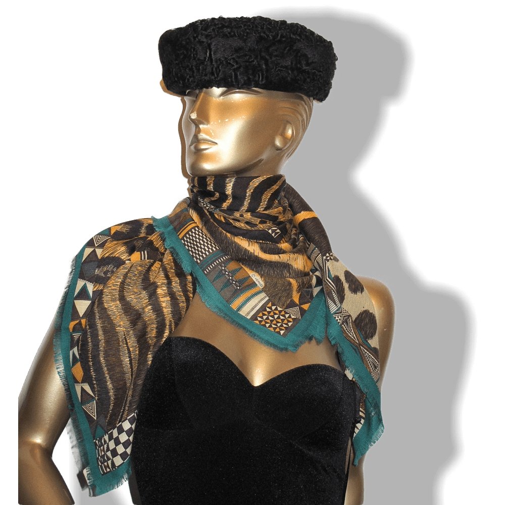 Hermes 2010 Green Pelages et Camouflages Fringed Cashmere 90cm, New! - poupishop