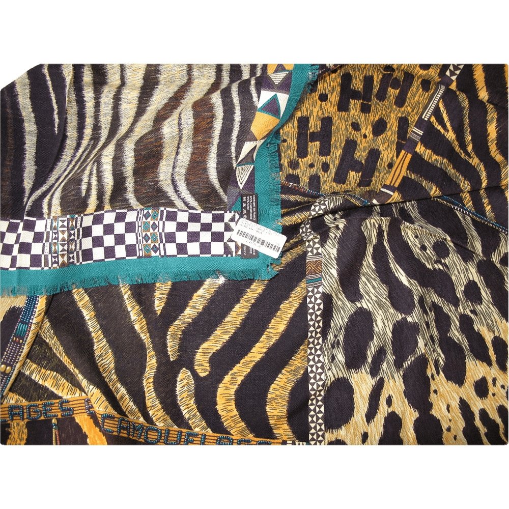 Hermes 2010 Green Pelages et Camouflages Fringed Cashmere 90cm, New! - poupishop