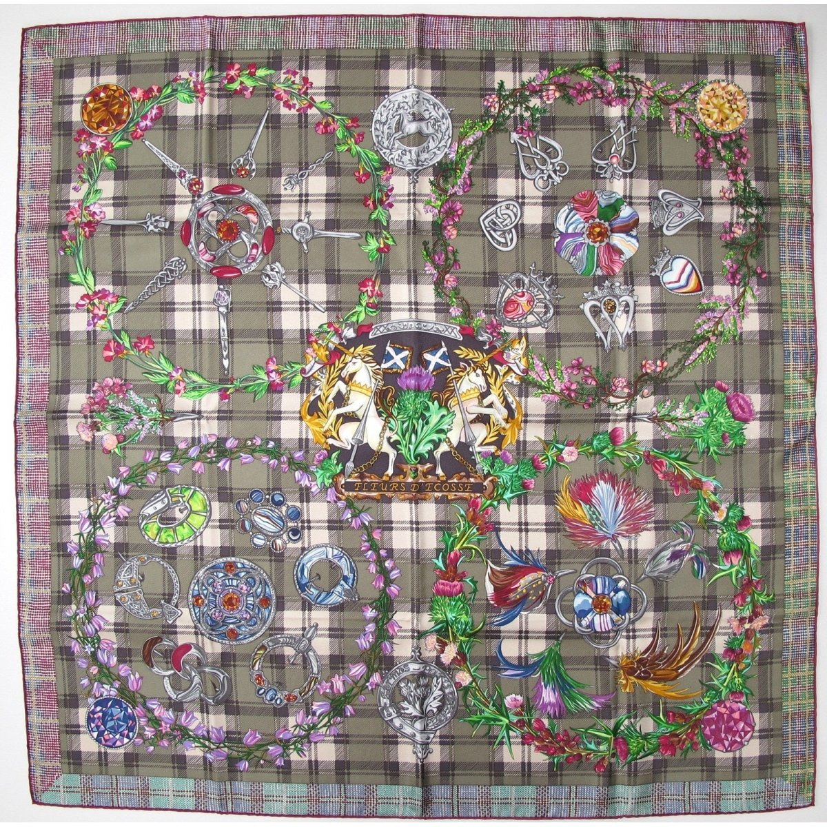 Hermes 2010 Grey Green Etoupe Blue Pink Fleurs d 'Ecosse by Sylvia Kerr Twill 90cm, Mint! - poupishop
