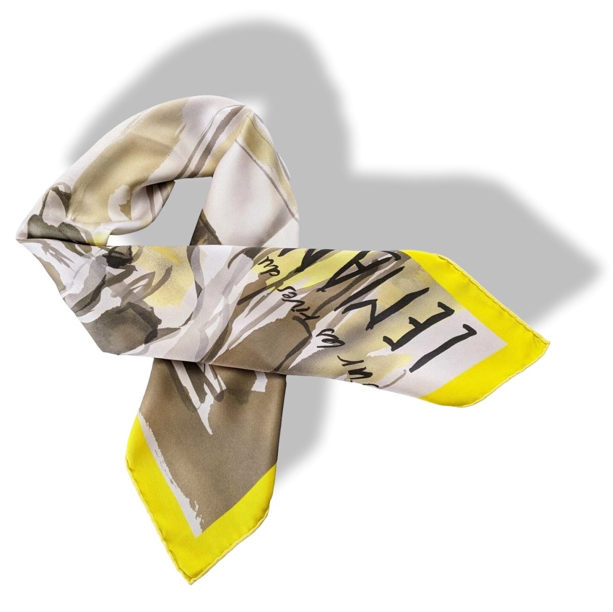 Hermes 2010 Jaune fluo/Gris SUR LES RIVES DU LAC LEMAN by Jean-Louis Clerc Vintage Silk 70cm Carre, Mint! - poupishop