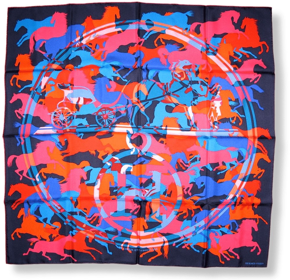 Hermes 2010 Navy Blue Red Pink Ex Libris en Camouflage by Benoit Pierre Emery Twill 90cm, New! - poupishop