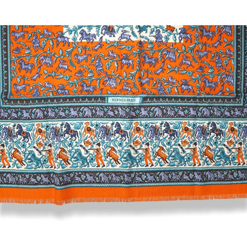 Hermes 2010 Orange Blue CHASSE EN INDE by Michel Duchene Fringed Cashmere 90cm, Box! - poupishop