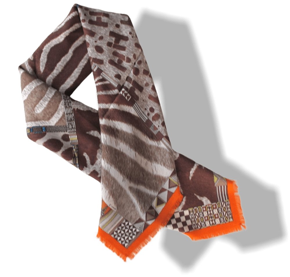 Hermes 2010 Orange Pelages et Camouflages Fringed Cashmere 90cm, New! - poupishop