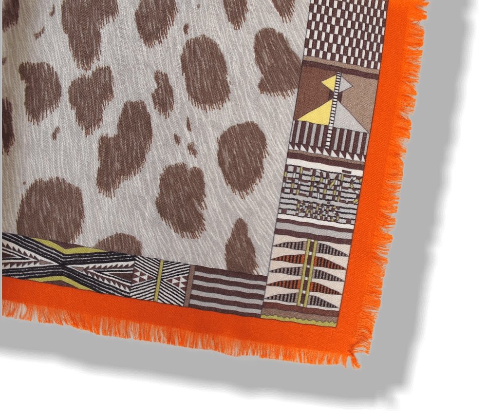Hermes 2010 Orange Pelages et Camouflages Fringed Cashmere 90cm, New! - poupishop