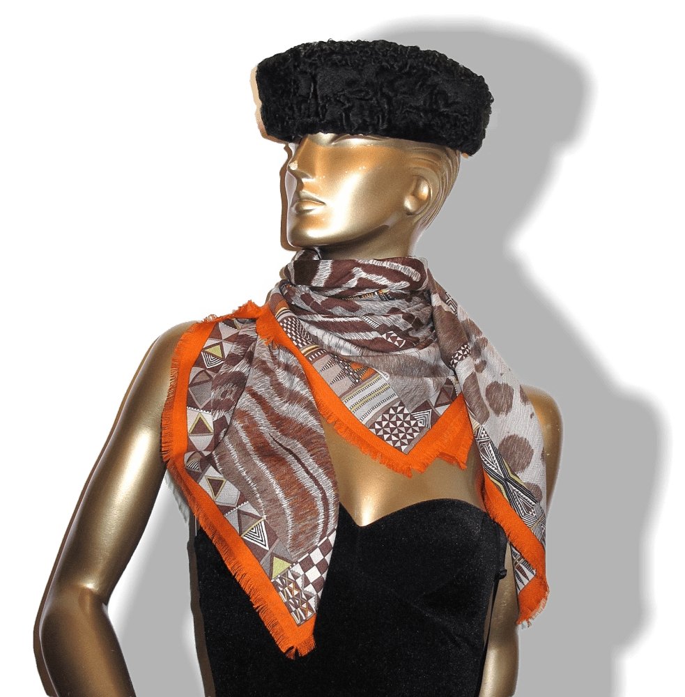 Hermes 2010 Orange Pelages et Camouflages Fringed Cashmere 90cm, New! - poupishop