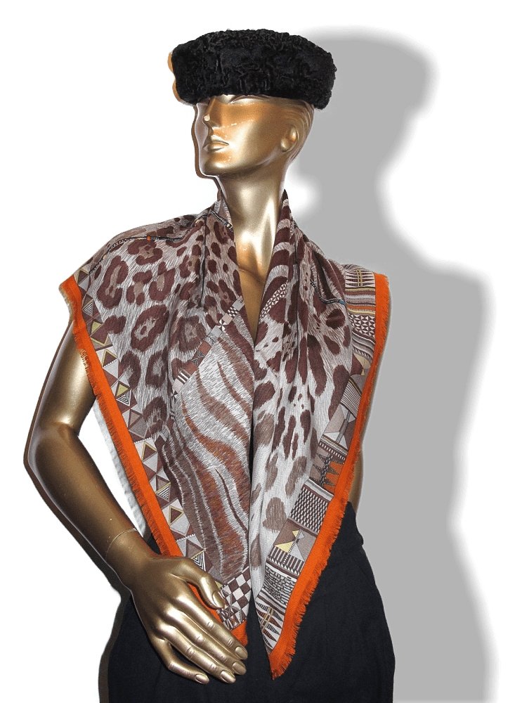 Hermes 2010 Orange Pelages et Camouflages Fringed Cashmere 90cm, New! - poupishop