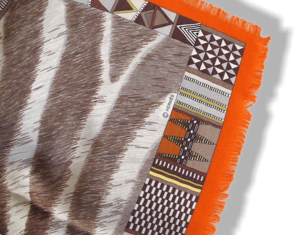 Hermes 2010 Orange Pelages et Camouflages Fringed Cashmere 90cm, New! - poupishop