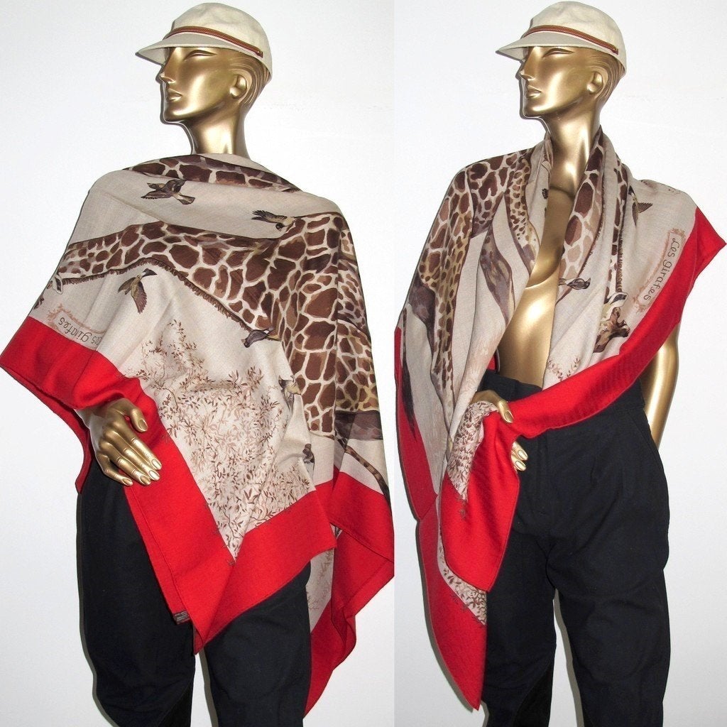 Hermes 2010 Red/Natural Les Girafes Cashmere Shawl 140, Box! - poupishop