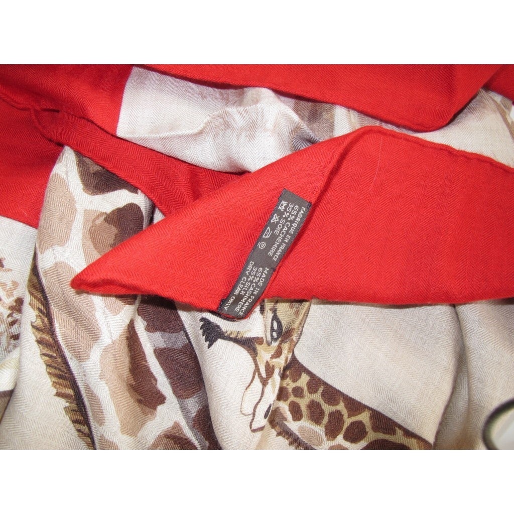 Hermes 2010 Red/Natural Les Girafes Cashmere Shawl 140, Box! - poupishop