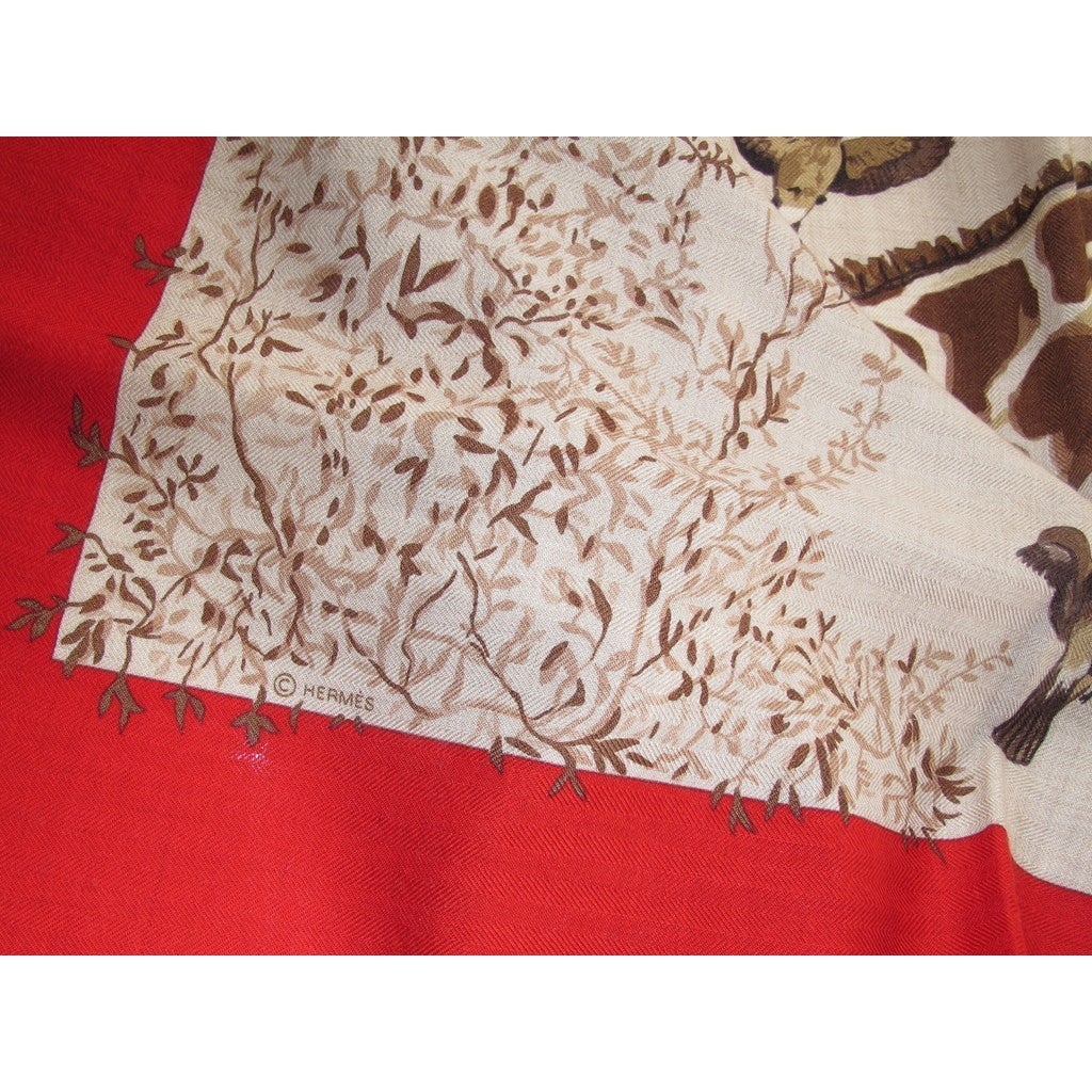 Hermes 2010 Red/Natural Les Girafes Cashmere Shawl 140, Box! - poupishop