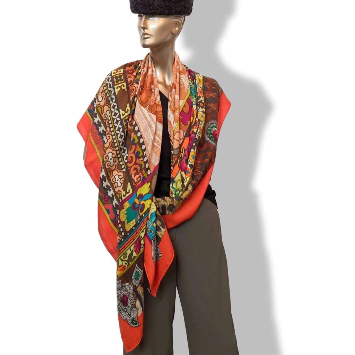 Hermes 2010s Orange/Brown LA FEMME AUX SEMELLES DE VENT by Aline Honore Cashmere Shawl 140, Mint!