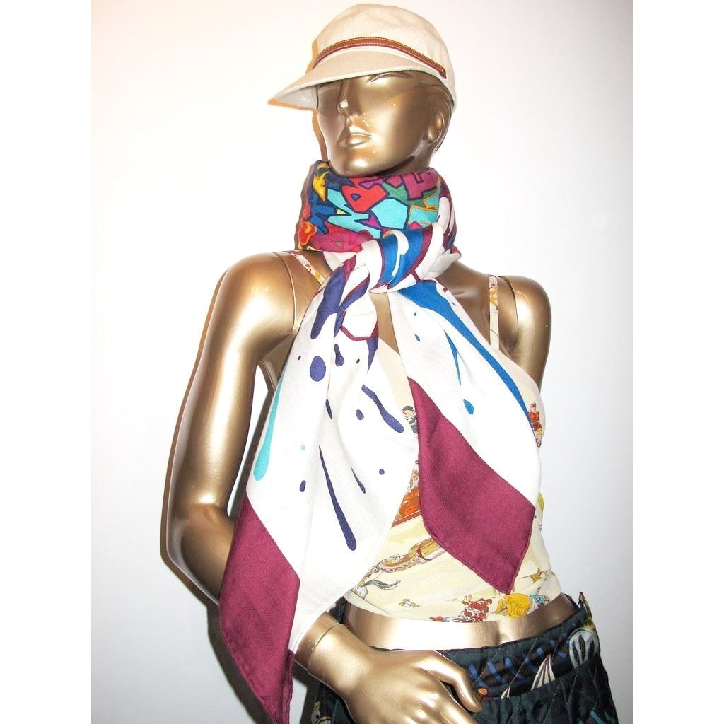Hermes 2011 cw10 Blanc/Bordeaux/Bleu Graff Cashmere Shawl 140, NWT! - poupishop