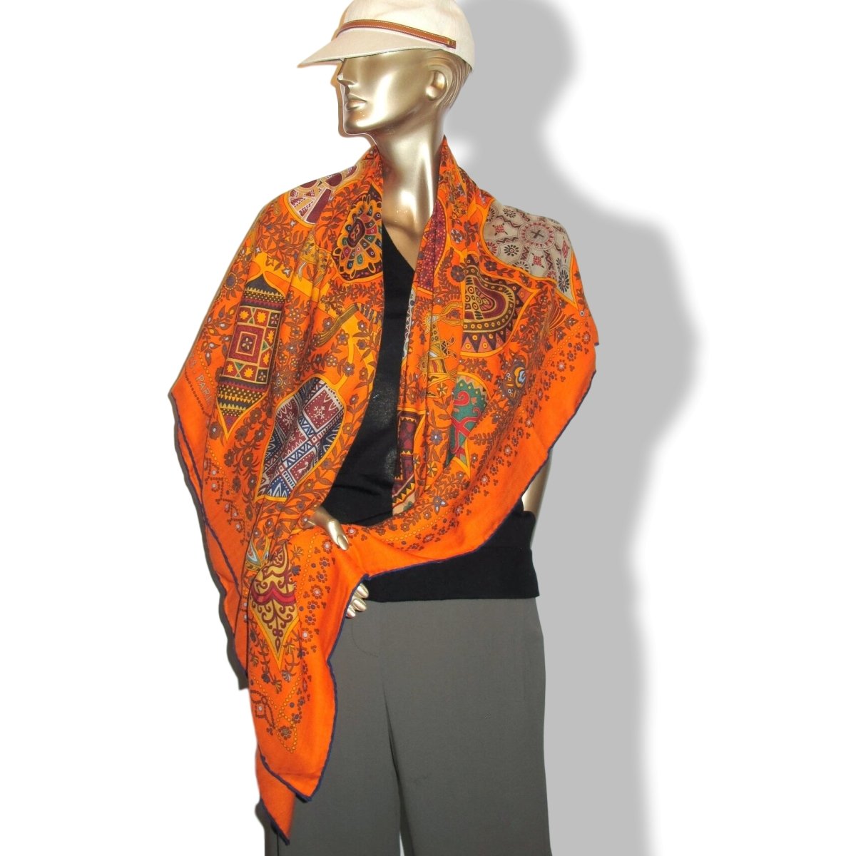 Hermes 2011 Orange L' ARBRE DE VIE by Christine Henry Cashmere Shawl 140