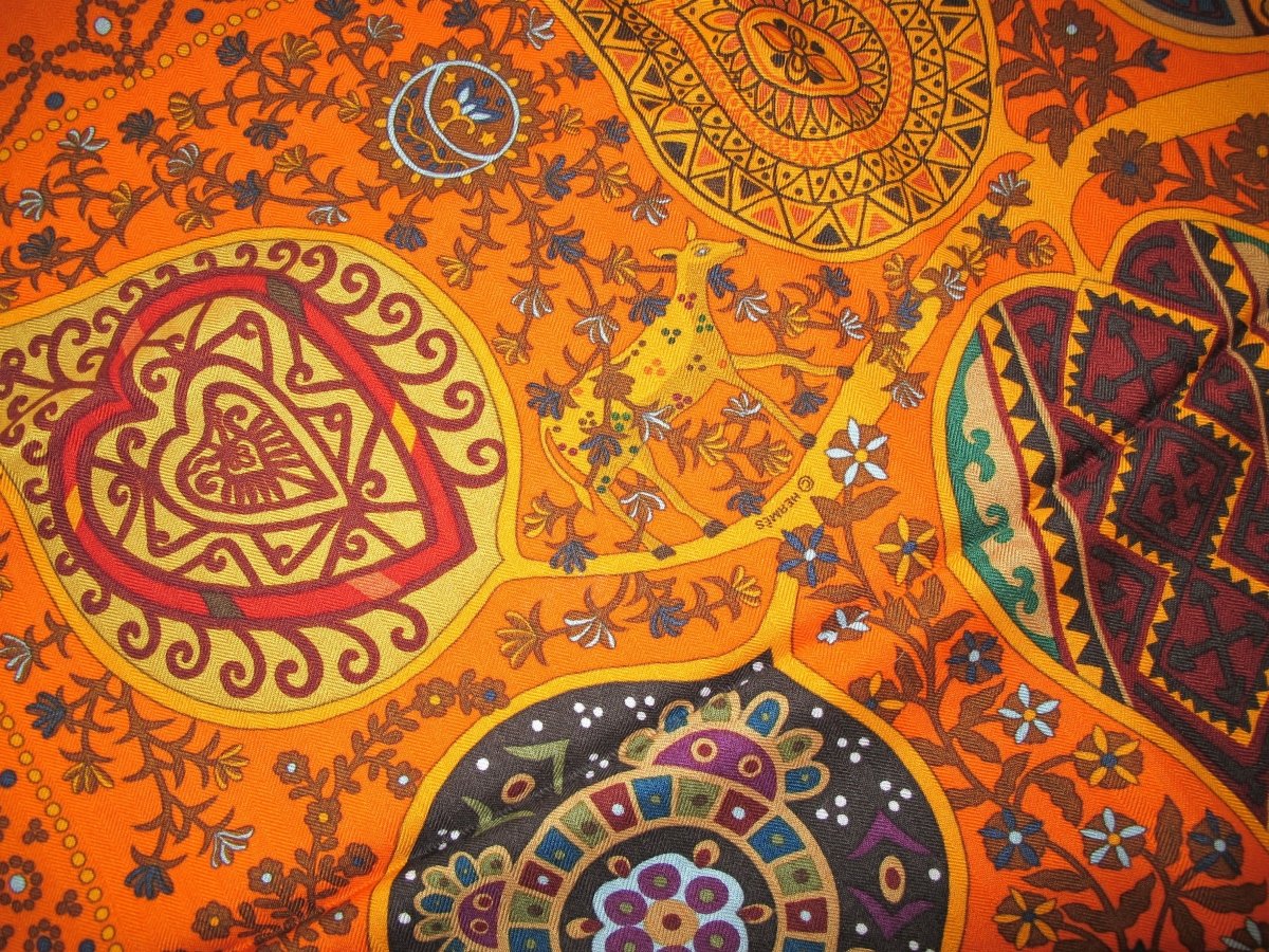 Hermes 2011 Orange L' ARBRE DE VIE by Christine Henry Cashmere Shawl 140