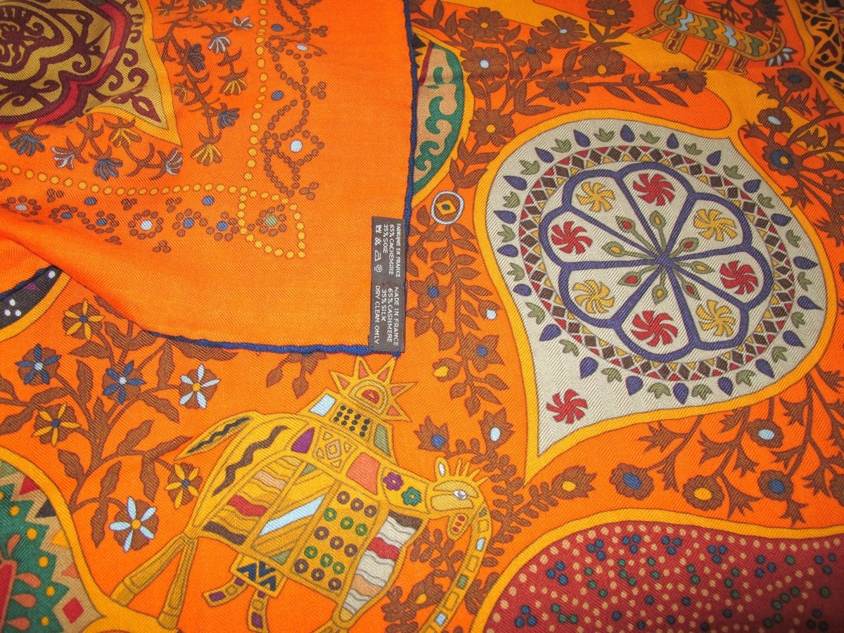Hermes 2011 Orange L' ARBRE DE VIE by Christine Henry Cashmere Shawl 140