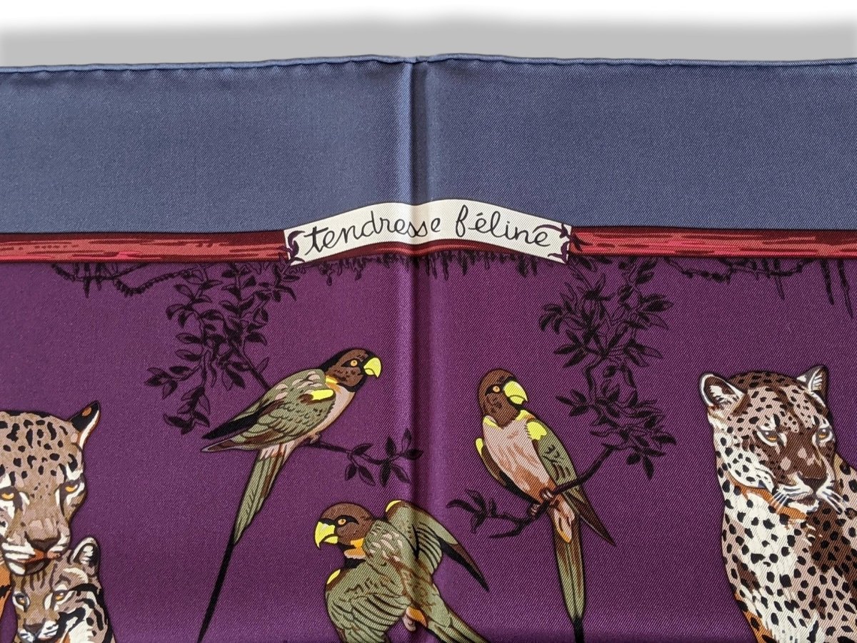 Hermes 2012 Bleu-Gris/Violet TENDRESSE FELINE by Robert Dallet Blanc Matt Overprint Twill 90, New!