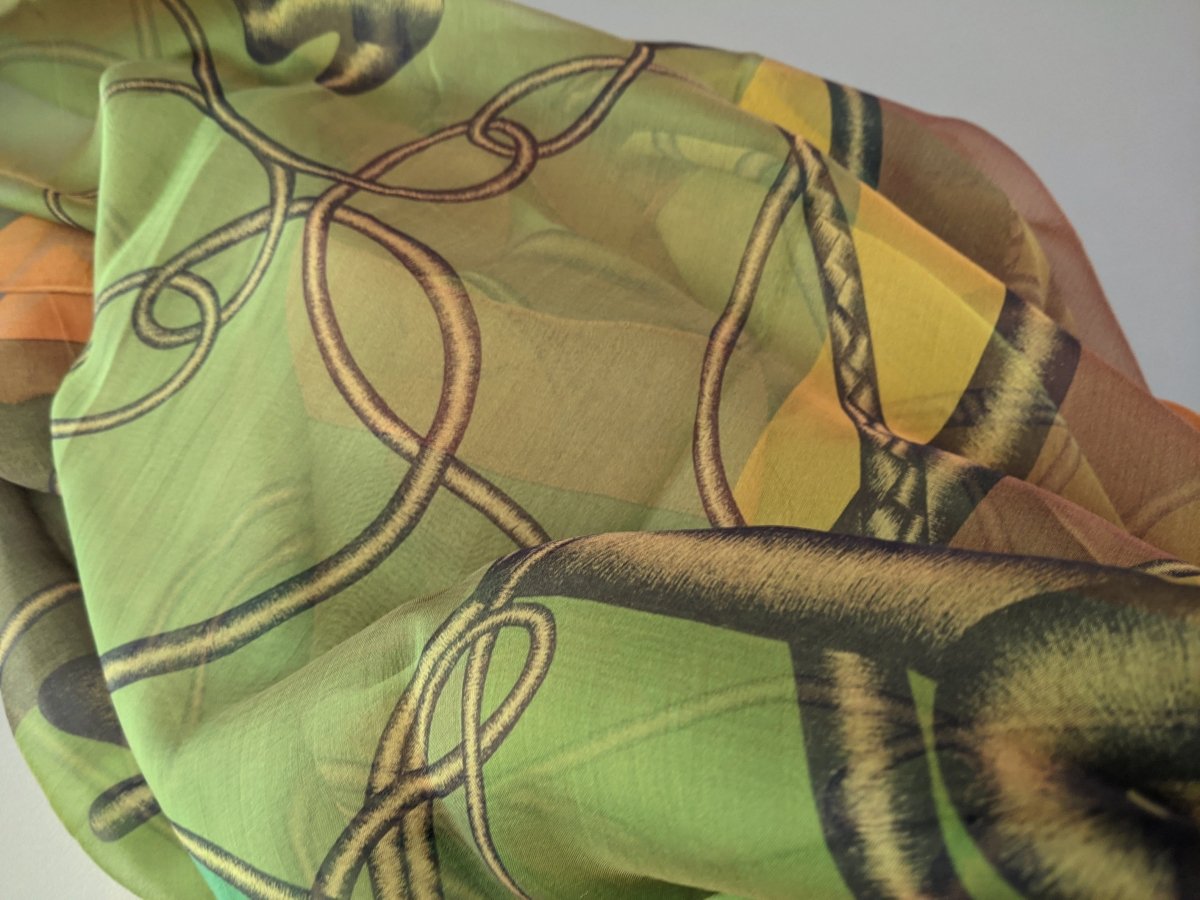 Hermes 2012 Chartruese/Cognac/Vert CCOUP DE FOUET Silk Changeante Mousseline 140, New!