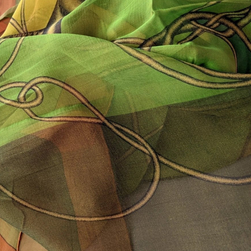 Hermes 2012 Chartruese/Cognac/Vert CCOUP DE FOUET Silk Changeante Mousseline 140, New!