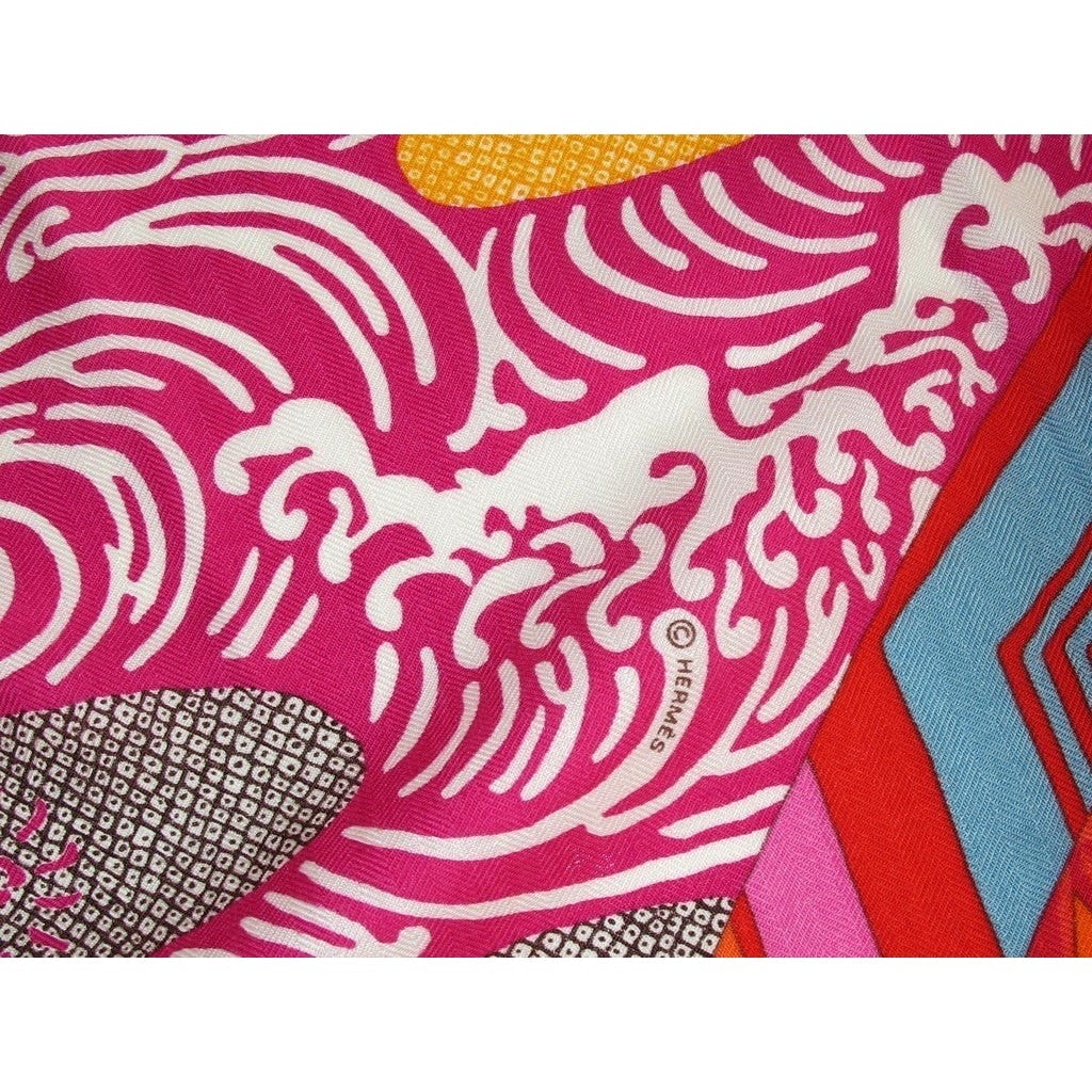 Hermes 2012 cw01 Capucine/Fuchsia Ex-Libris en Kimonos Cashmere Shawl 140 - poupishop