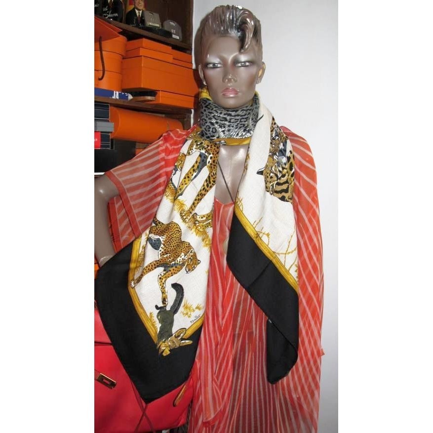 Hermes shawl cashmere tendresse feline natural black