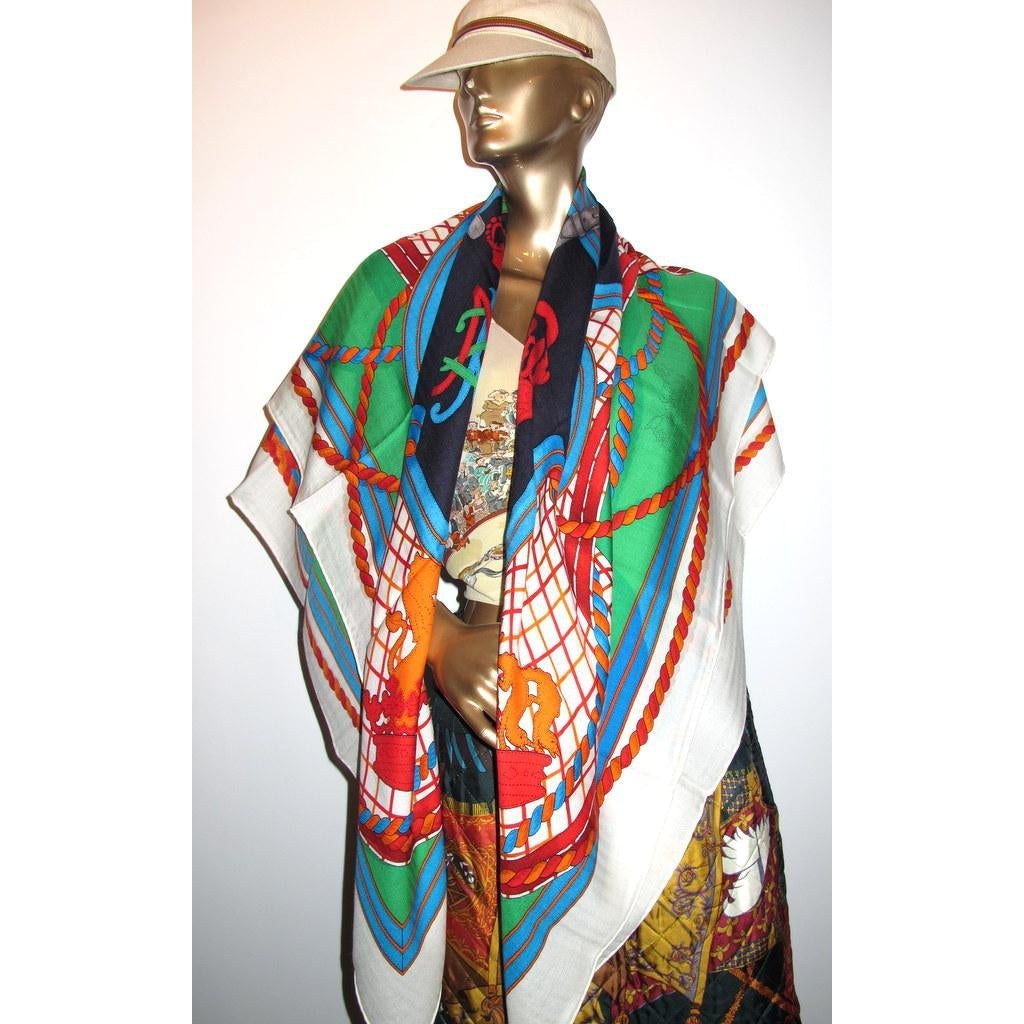 Hermes White Blue Gren Grande Tenue Shawl
