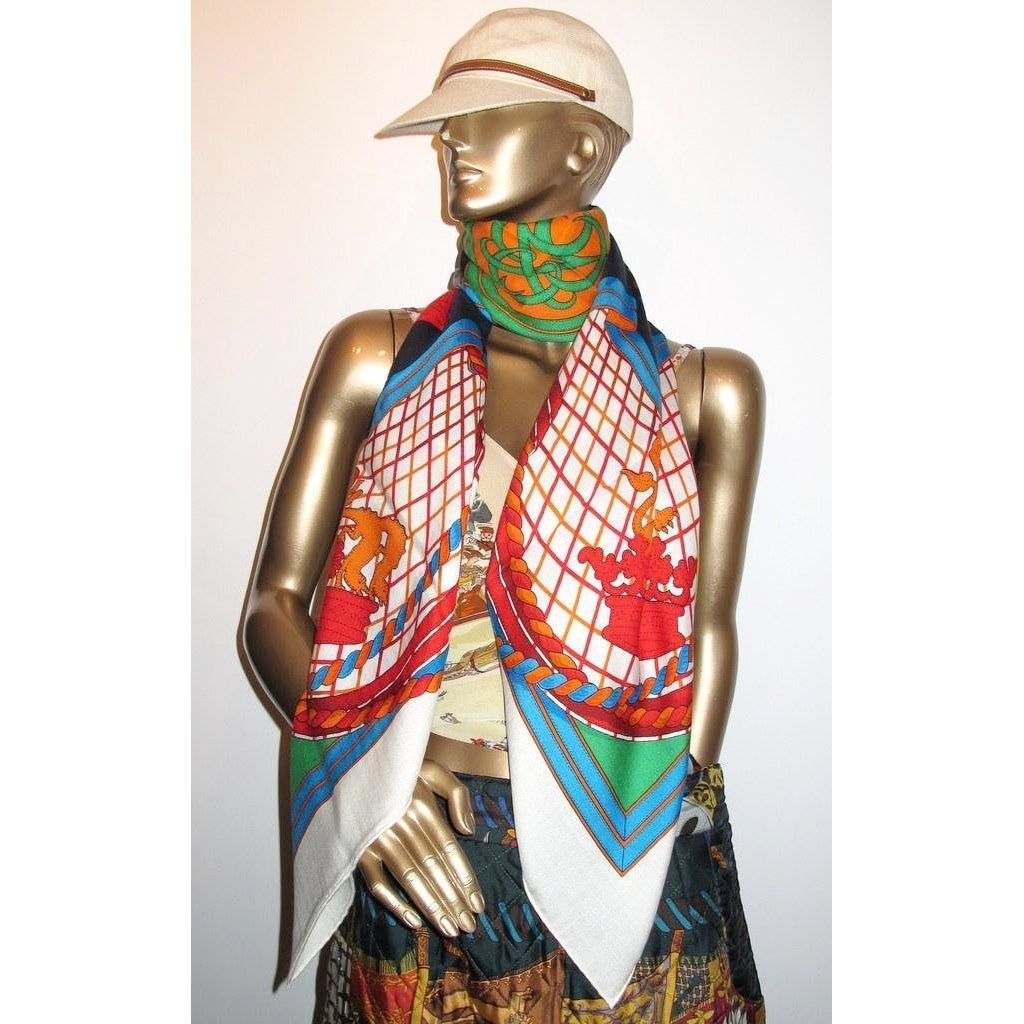 Hermes White Blue Gren Grande Tenue Shawl