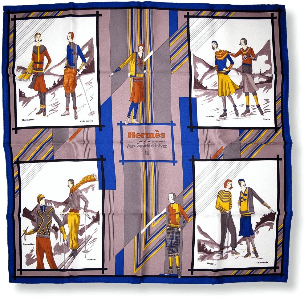 Hermes 2013 Beige Etoupe Blue Aux Sports d'Hiver Vintage Silk 70, NIB! - poupishop