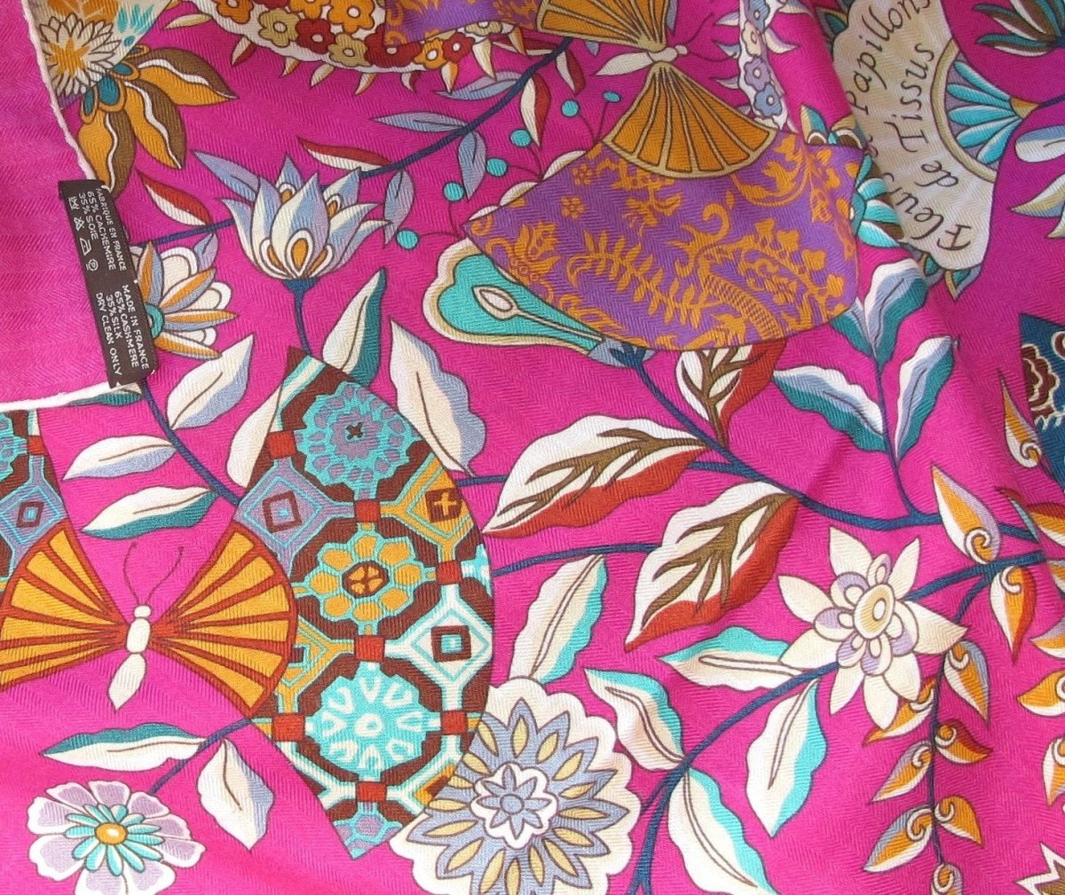 Hermes 2013 Fuchsia White Fleurs et Papillons de Tissus Cashmere Shawl 140 - poupishop