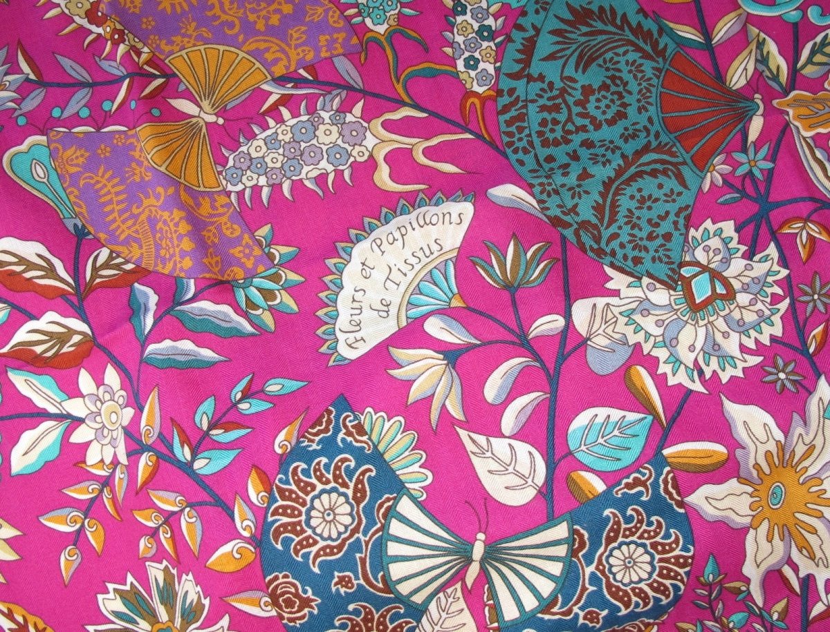 Hermes 2013 Fuchsia White Fleurs et Papillons de Tissus Cashmere Shawl 140 - poupishop