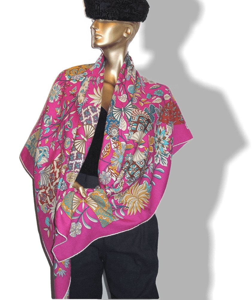 Hermes 2013 Fuchsia White Fleurs et Papillons de Tissus Cashmere Shawl 140 - poupishop