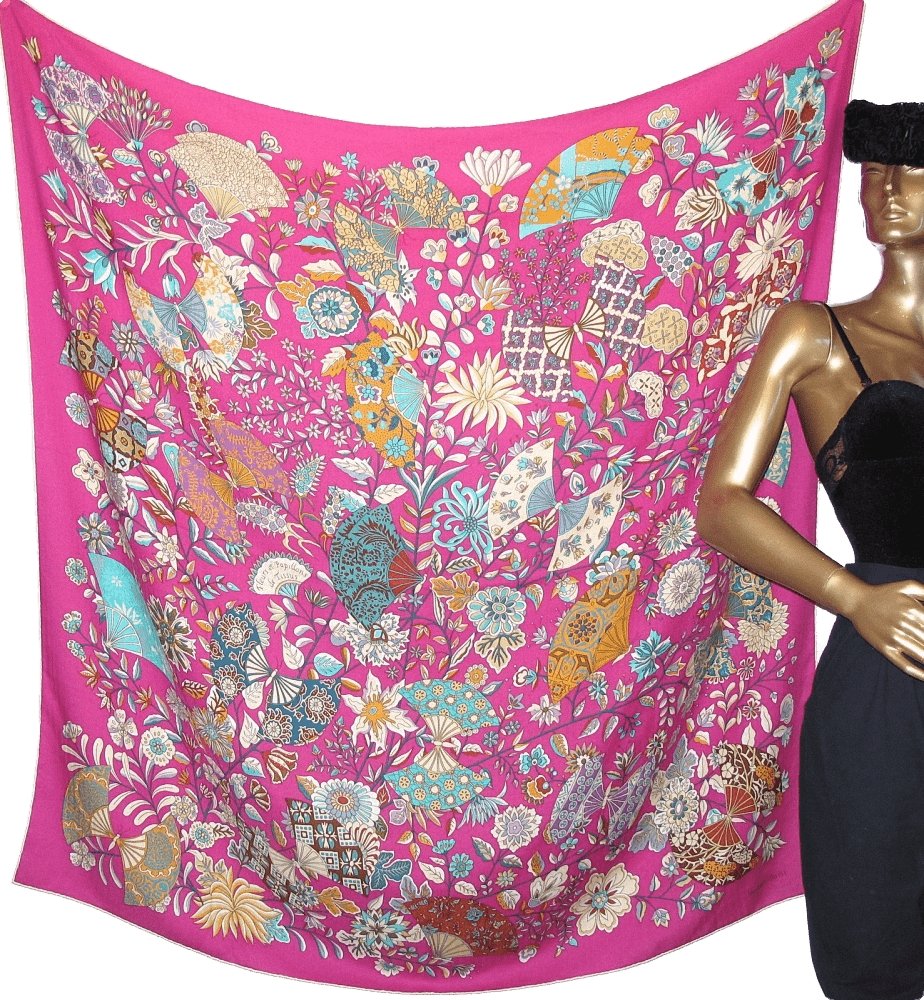 Hermes 2013 Fuchsia White Fleurs et Papillons de Tissus Cashmere Shawl 140 - poupishop