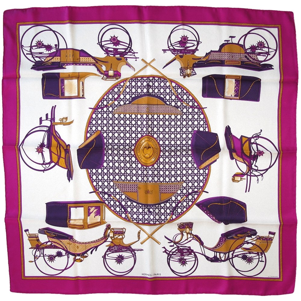 Hermes 2013 Fuchsia White Voitures a Transformation Vintage Silk 70, New! - poupishop