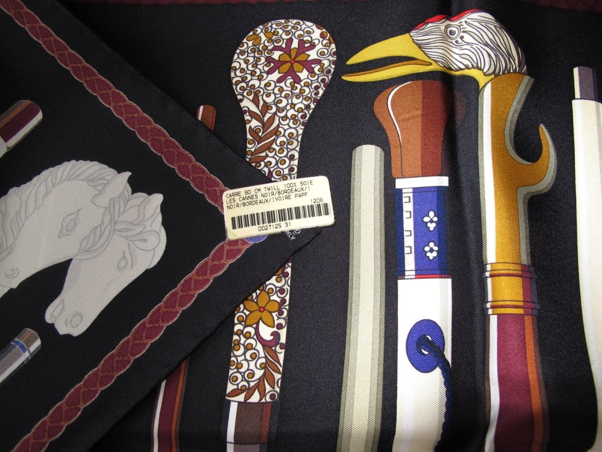 Hermes 2014 Black/Burgundy/Ivory LES CANNES by Virginie Jamin Twill 90cm, NIB! - poupishop